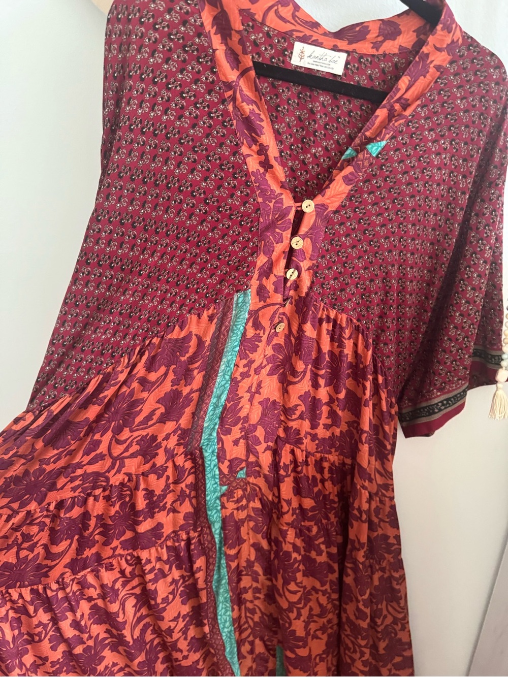 Kantha Bae Silk Bohemian Floral Maxi Dress in Rust and Burgundy - Picture 2 of 4